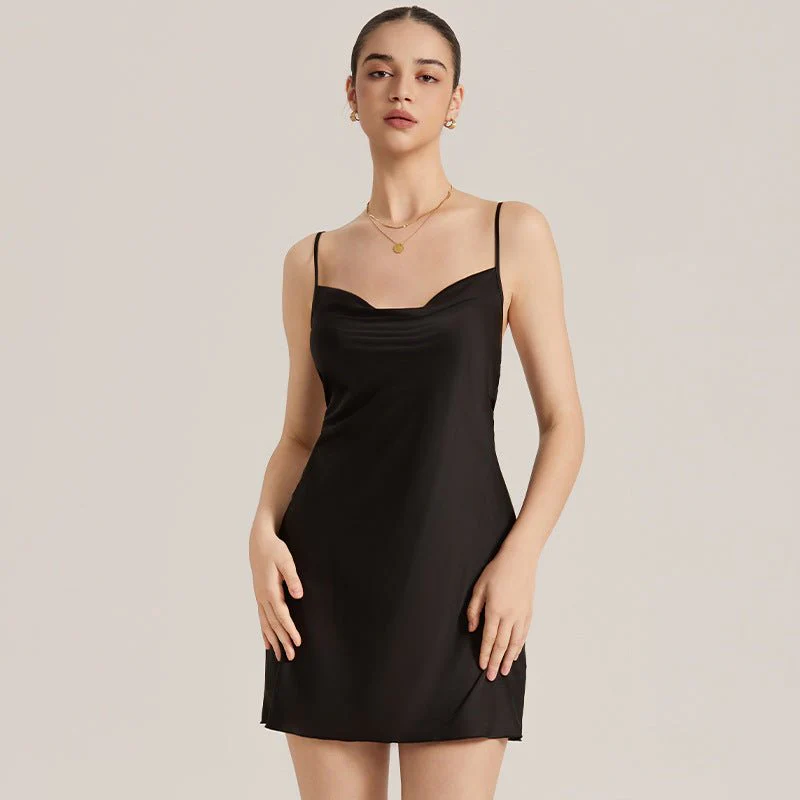 The Backless Temptation | Black Satin Strap Mini Sleep Dress