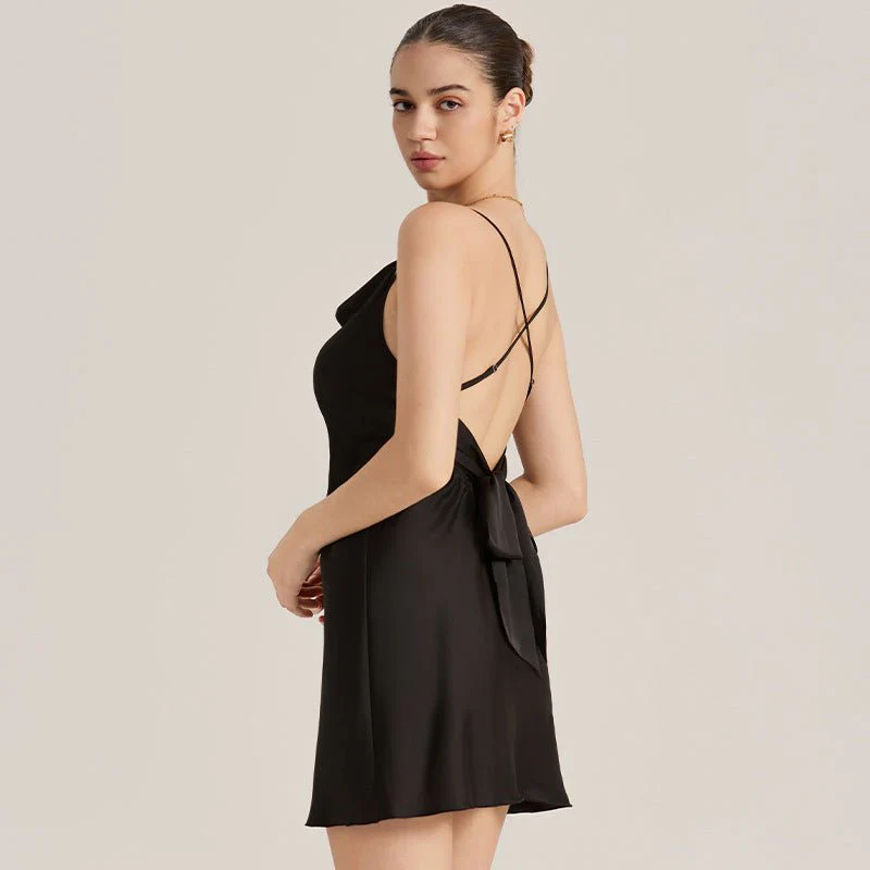 The Backless Temptation | Black Satin Strap Mini Sleep Dress - Image 2