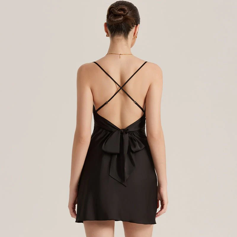 The Backless Temptation | Black Satin Strap Mini Sleep Dress - Image 3
