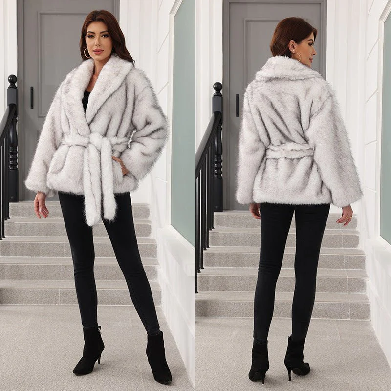 The Belted Luxe | Women's Plush Fur V-Neck Long Coat - Image 2