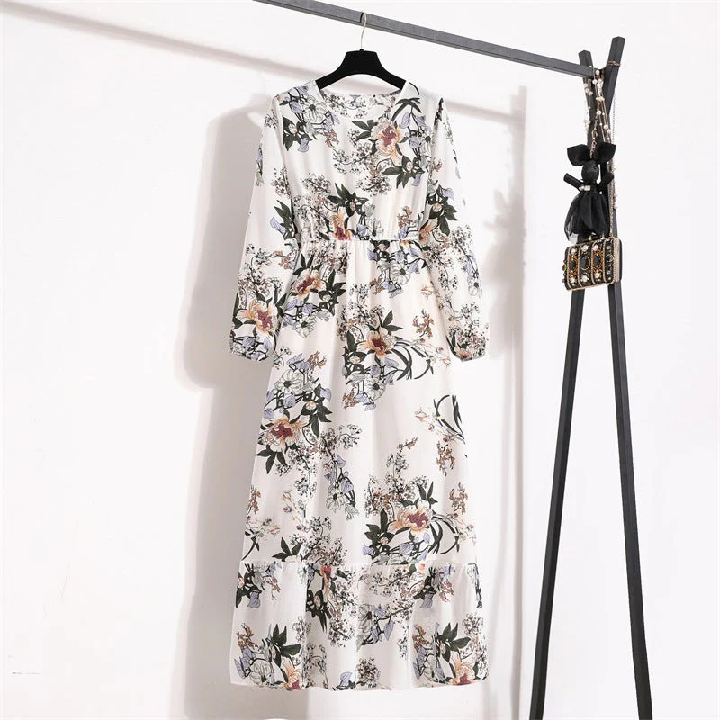 The Blooming Ease | Floral Crew Neck Bubble-Sleeve Long Dress - Image 13