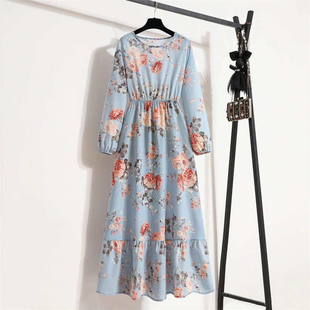 The Blooming Ease | Floral Crew Neck Bubble-Sleeve Long Dress - Image 21