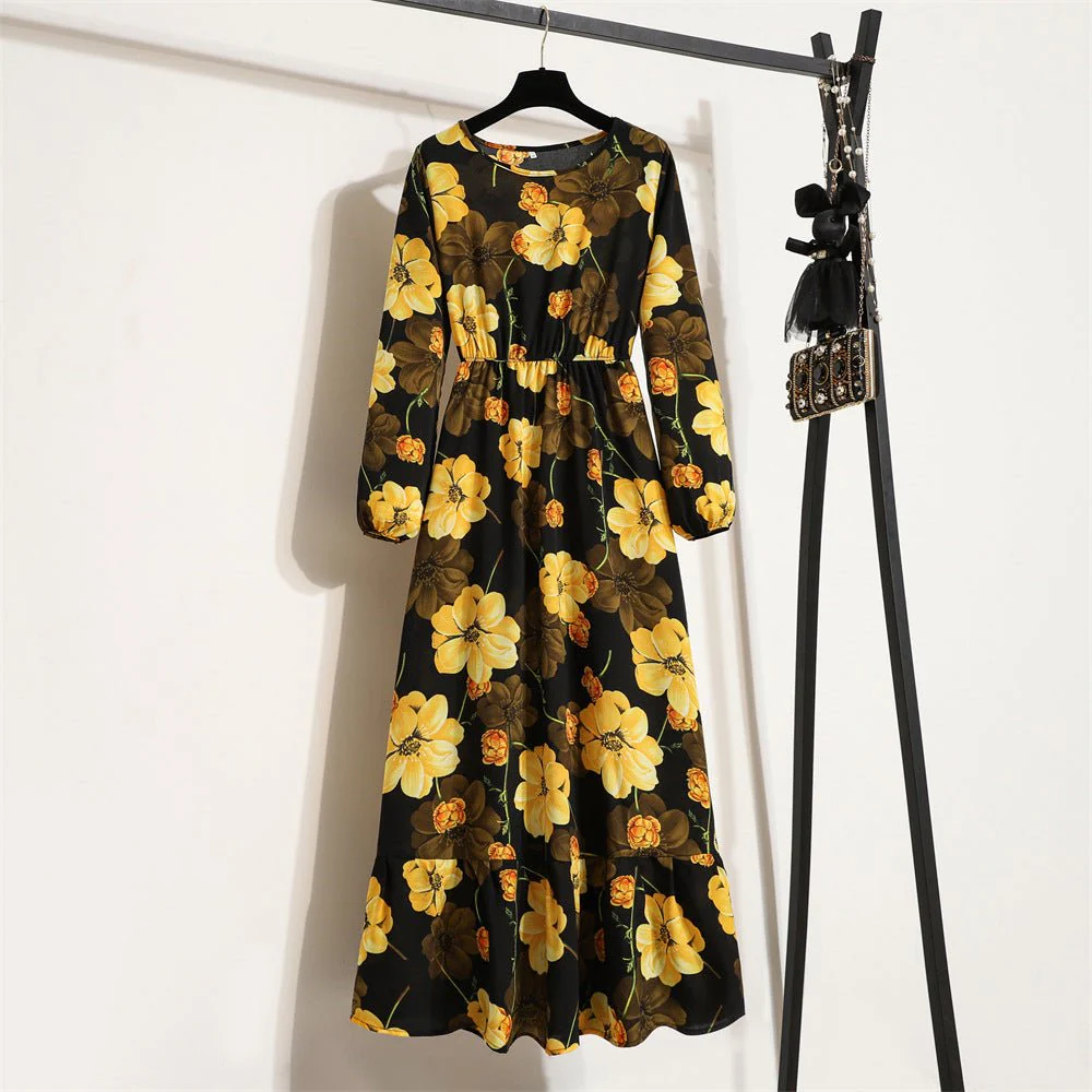 The Blooming Ease | Floral Crew Neck Bubble-Sleeve Long Dress - Image 24