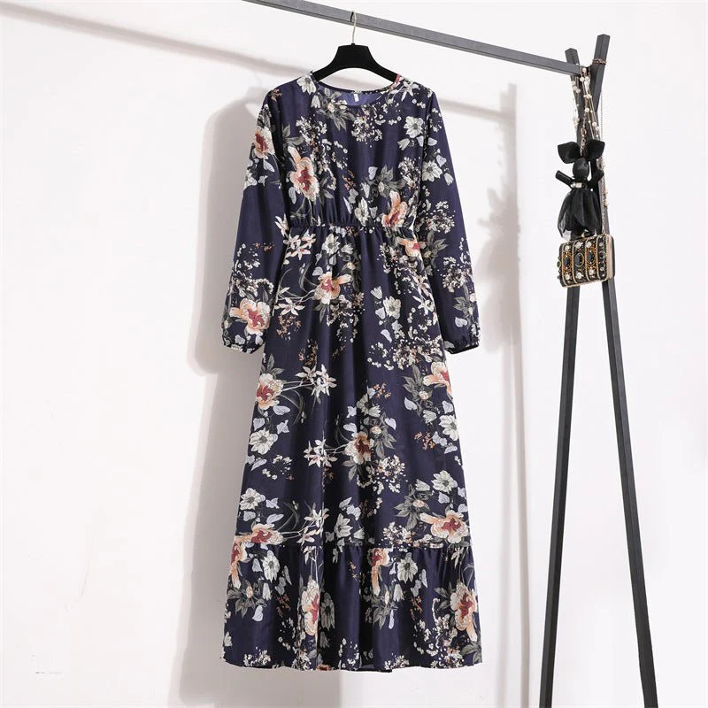 The Blooming Ease | Floral Crew Neck Bubble-Sleeve Long Dress - Image 4