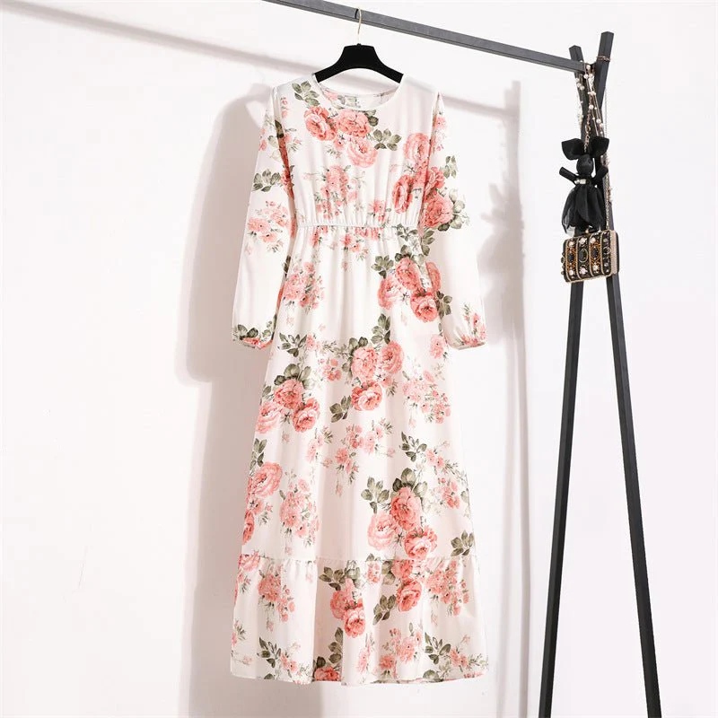 The Blooming Ease | Floral Crew Neck Bubble-Sleeve Long Dress - Image 7