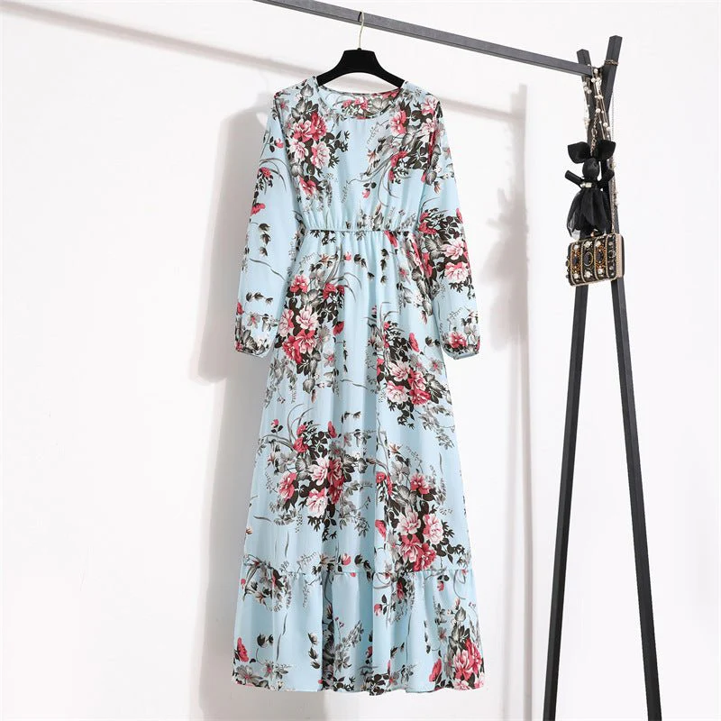 The Blooming Ease | Floral Crew Neck Bubble-Sleeve Long Dress - Image 8