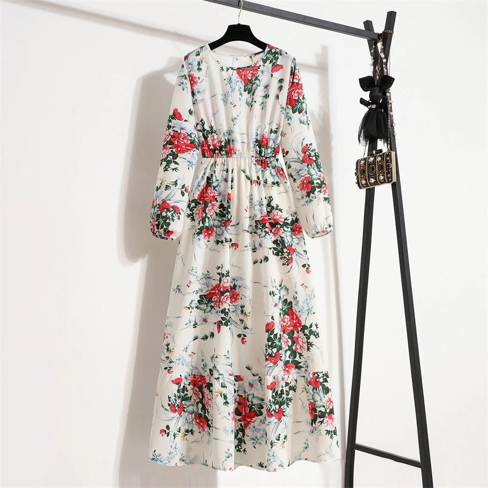 The Blooming Ease | Floral Crew Neck Bubble-Sleeve Long Dress FD - Image 22