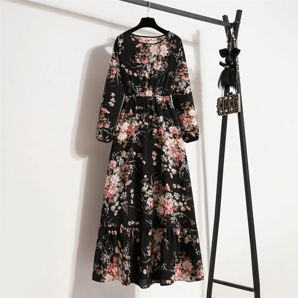 The Blooming Ease | Floral Crew Neck Bubble-Sleeve Long Dress FD - Image 23