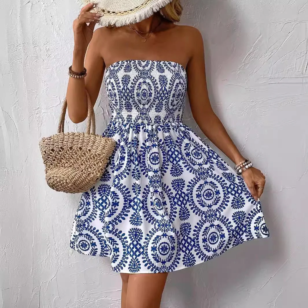 The Blue Bloom | Women's Printed Tube Top Umbrella Mini Dress - Image 3