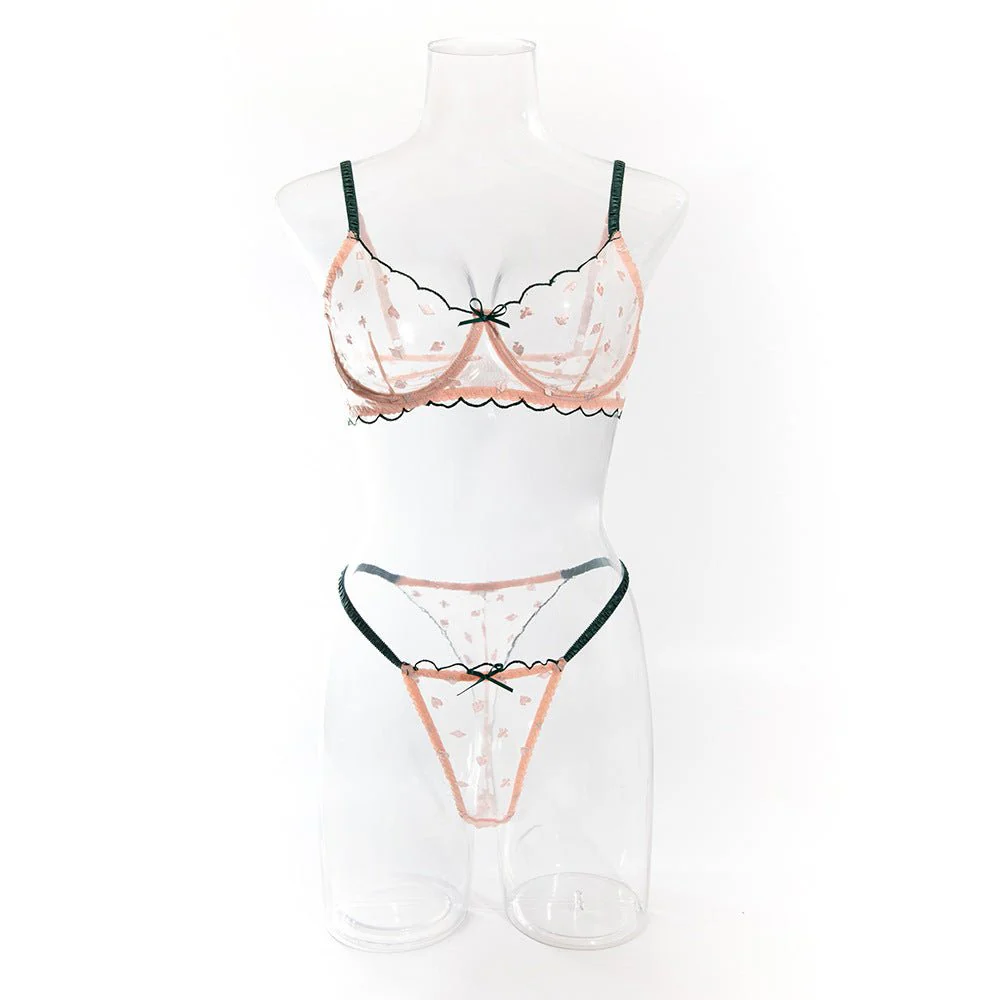 The Blushing Grace | Card Pattern Embroidered Transparent Lace Steel Ring Bra Set - Image 15