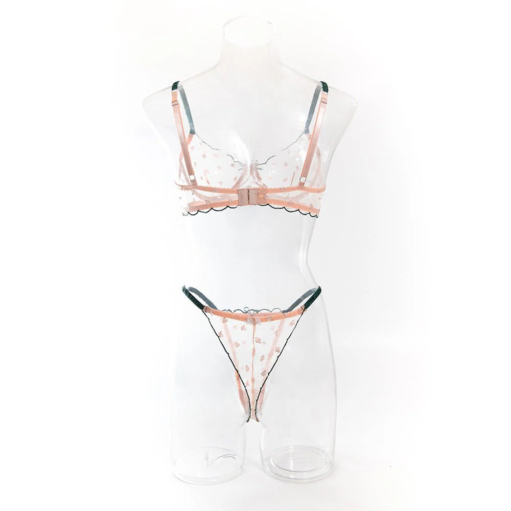 The Blushing Grace | Card Pattern Embroidered Transparent Lace Steel Ring Bra Set - Image 17