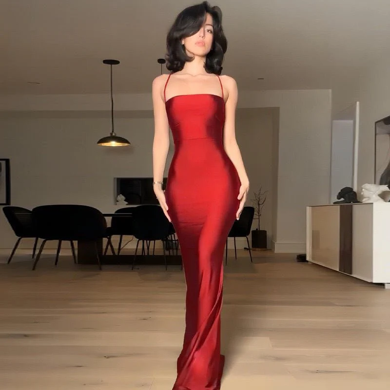The Bold Allure | Solid Color One-Shoulder Backless Suspender Maxi Dress - Image 11