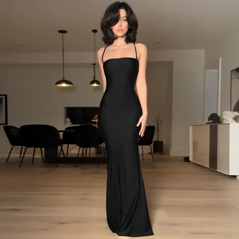 The Bold Allure | Solid Color One-Shoulder Backless Suspender Maxi Dress - Image 13