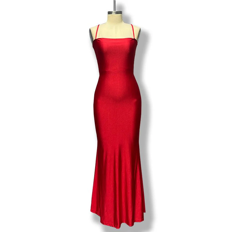 The Bold Allure | Solid Color One-Shoulder Backless Suspender Maxi Dress - Image 21