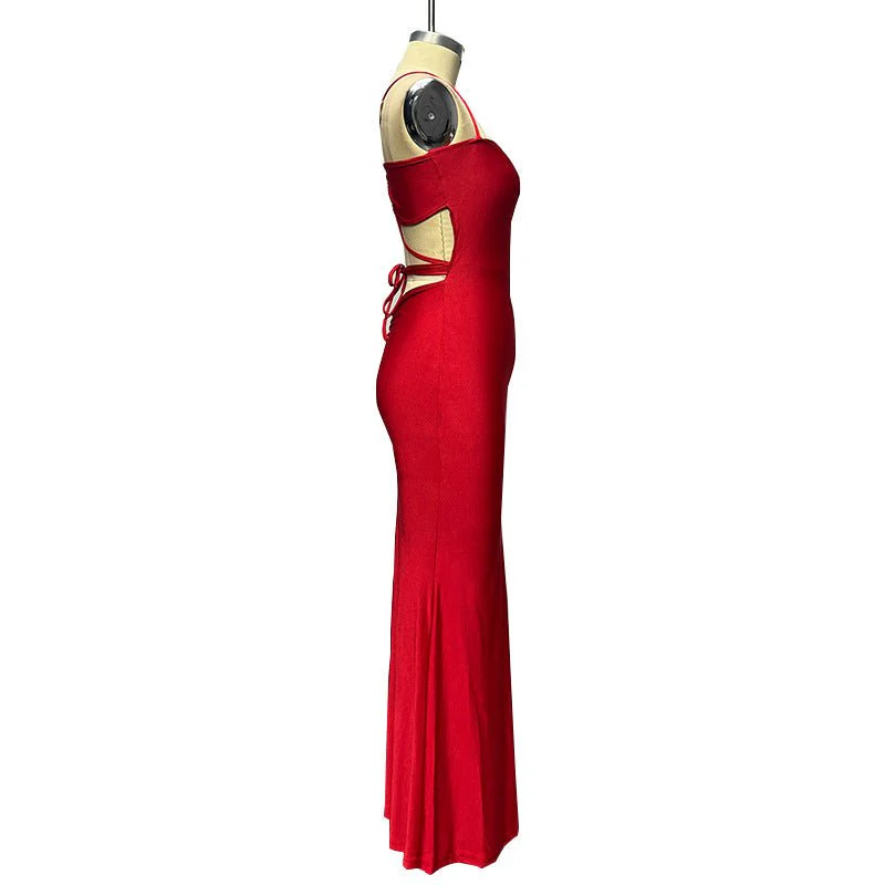 The Bold Allure | Solid Color One-Shoulder Backless Suspender Maxi Dress - Image 22