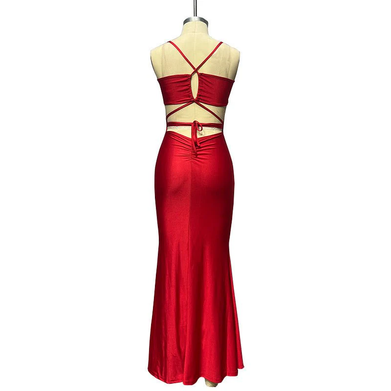 The Bold Allure | Solid Color One-Shoulder Backless Suspender Maxi Dress - Image 23