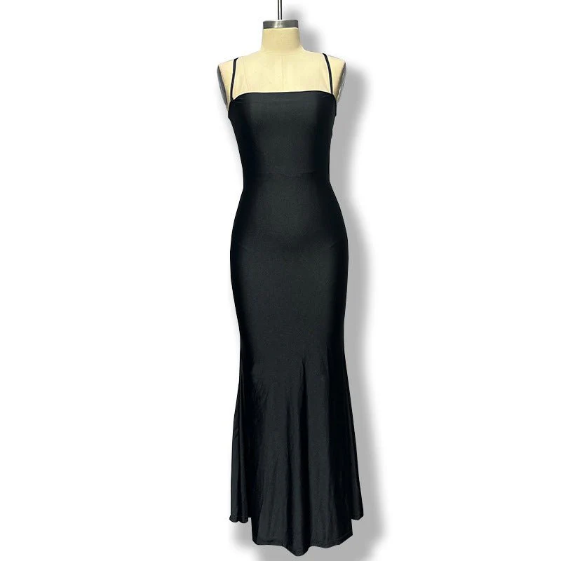 The Bold Allure | Solid Color One-Shoulder Backless Suspender Maxi Dress - Image 25
