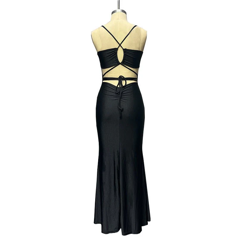 The Bold Allure | Solid Color One-Shoulder Backless Suspender Maxi Dress - Image 27