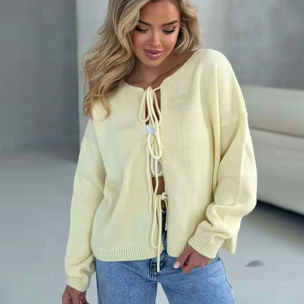The British Charm | Women's Lace-Up Short Cardigan Sweater - Image 2