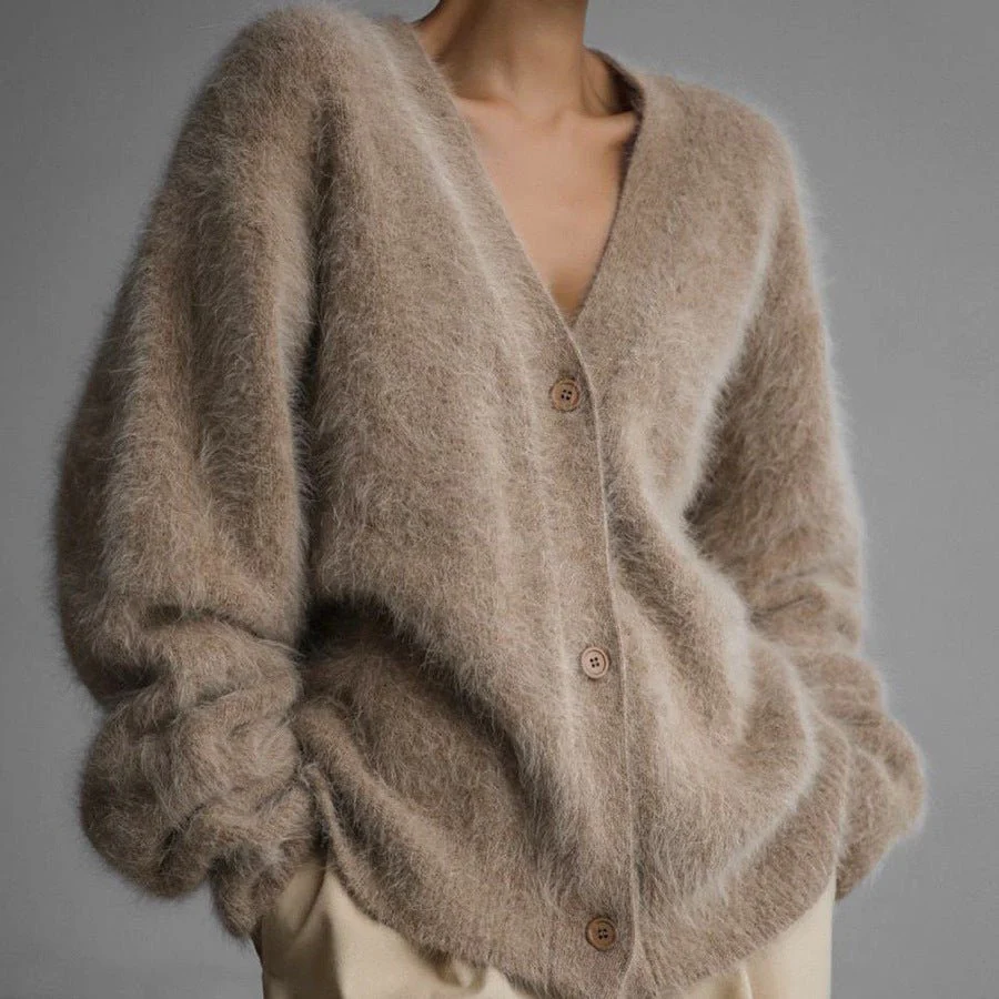 The British Cozy | V-Neck Imitation Mink Cardigan Sweater - Image 2