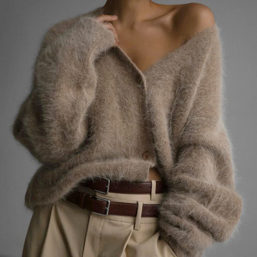 The British Cozy | V-Neck Imitation Mink Cardigan Sweater FD