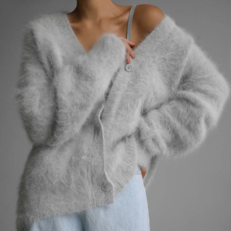 The British Cozy | V-Neck Imitation Mink Cardigan Sweater FD - Image 3