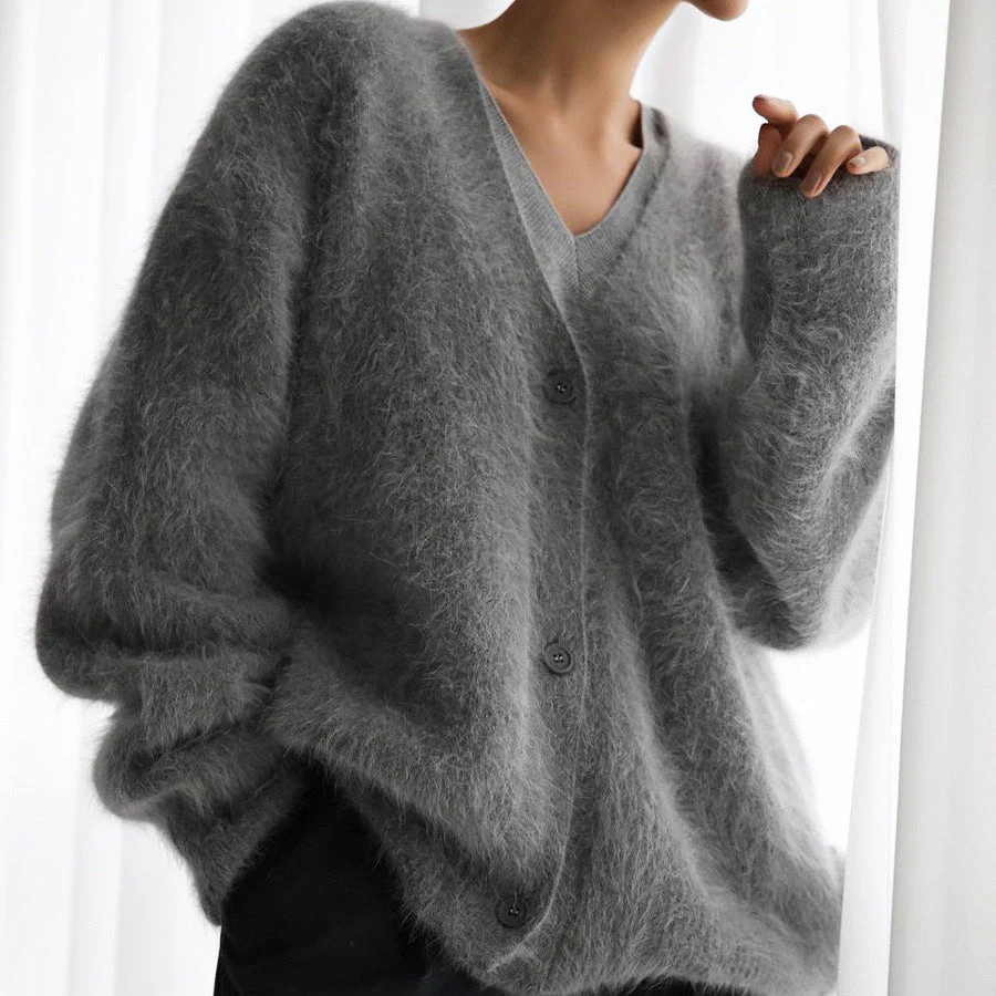 The British Cozy | V-Neck Imitation Mink Cardigan Sweater FD - Image 7