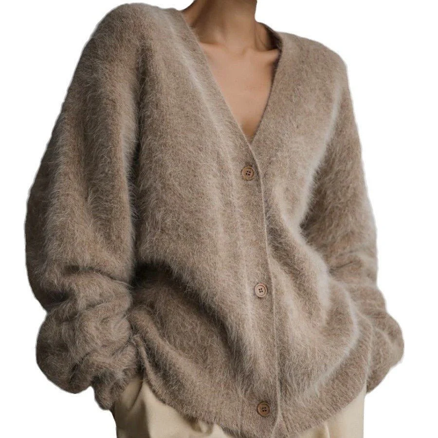 The British Cozy | V-Neck Imitation Mink Cardigan Sweater FD - Image 8