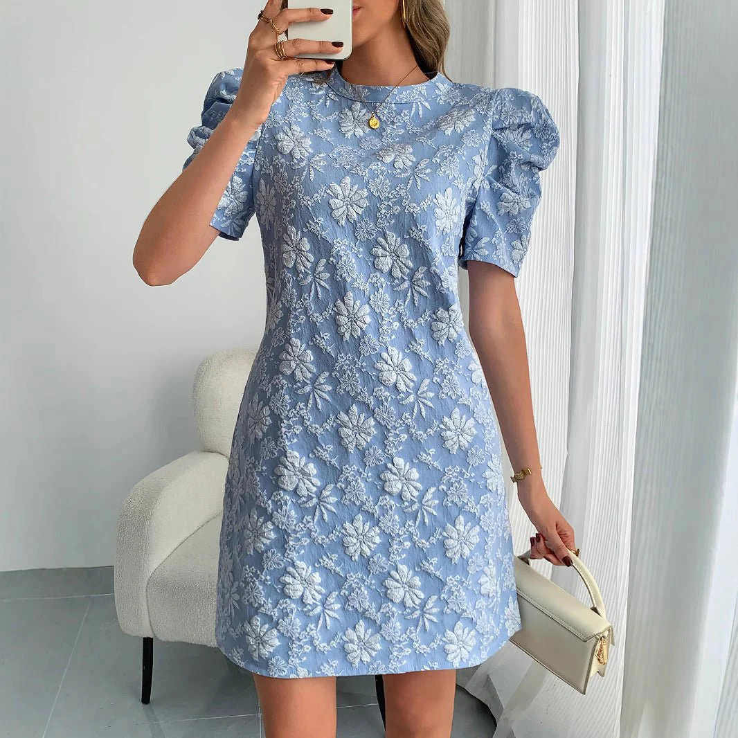 The Bubble Blossom | Women's Jacquard Bubble Sleeve Floral Midi Dress - Image 2
