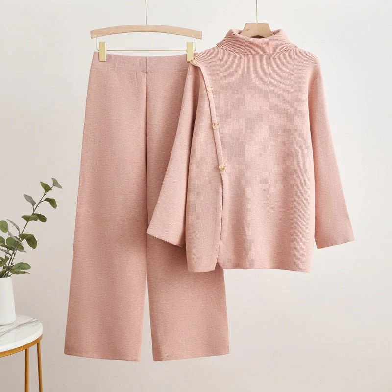 The Button Harmony | Women's Turtleneck Button-Splicing Sweater & Wide-Leg Pants Set