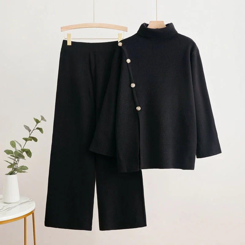 The Button Harmony | Women's Turtleneck Button-Splicing Sweater & Wide-Leg Pants Set - Image 2