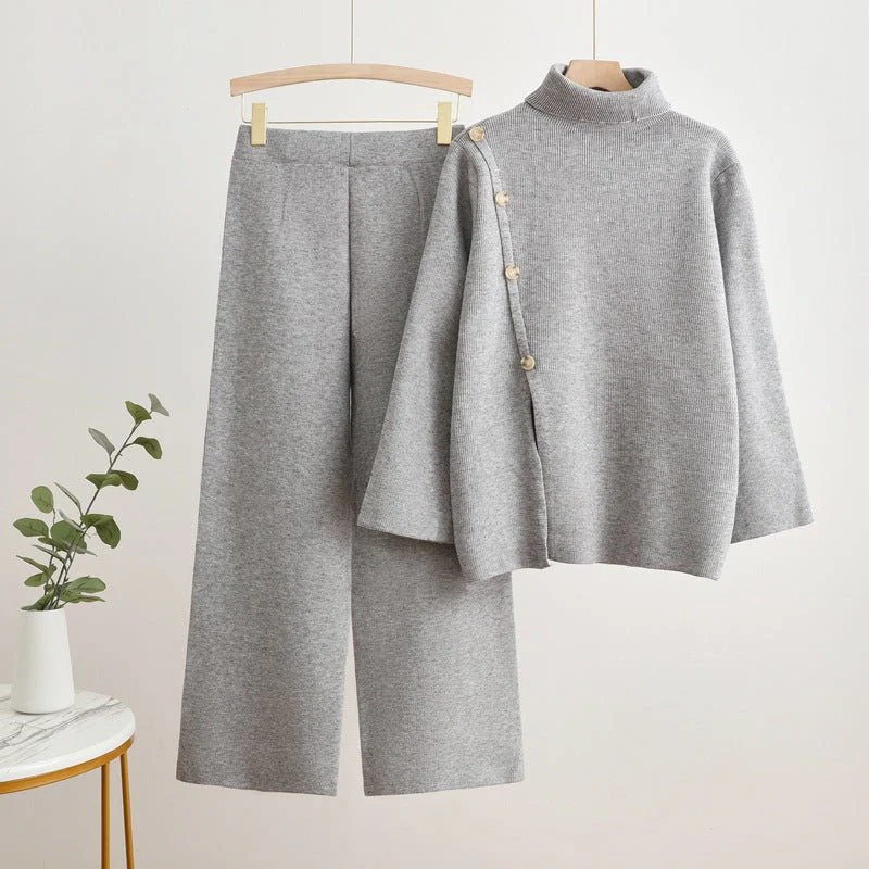 The Button Harmony | Women's Turtleneck Button-Splicing Sweater & Wide-Leg Pants Set - Image 3