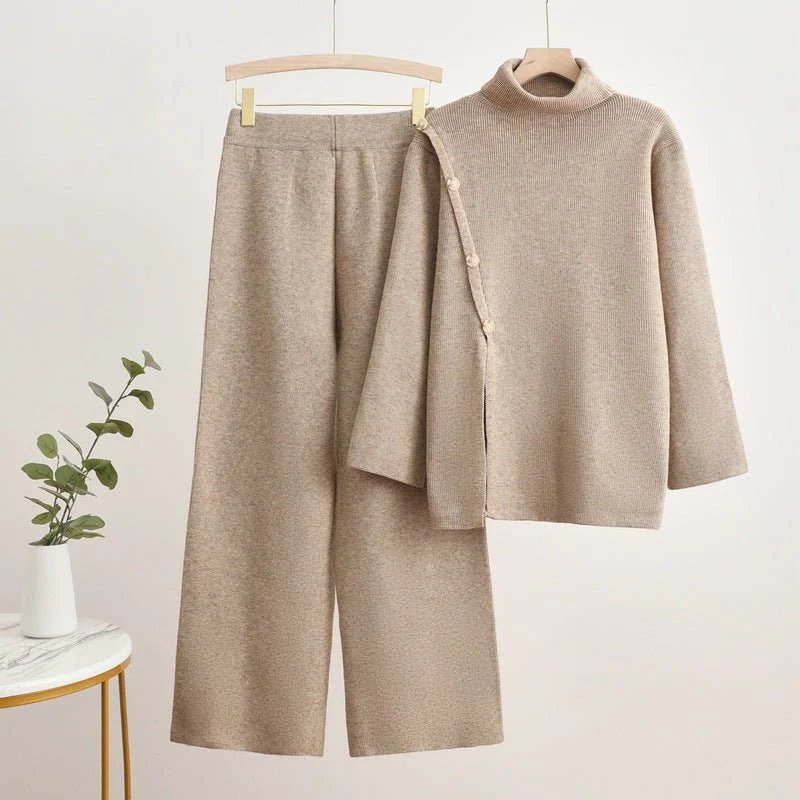 The Button Harmony | Women's Turtleneck Button-Splicing Sweater & Wide-Leg Pants Set - Image 4