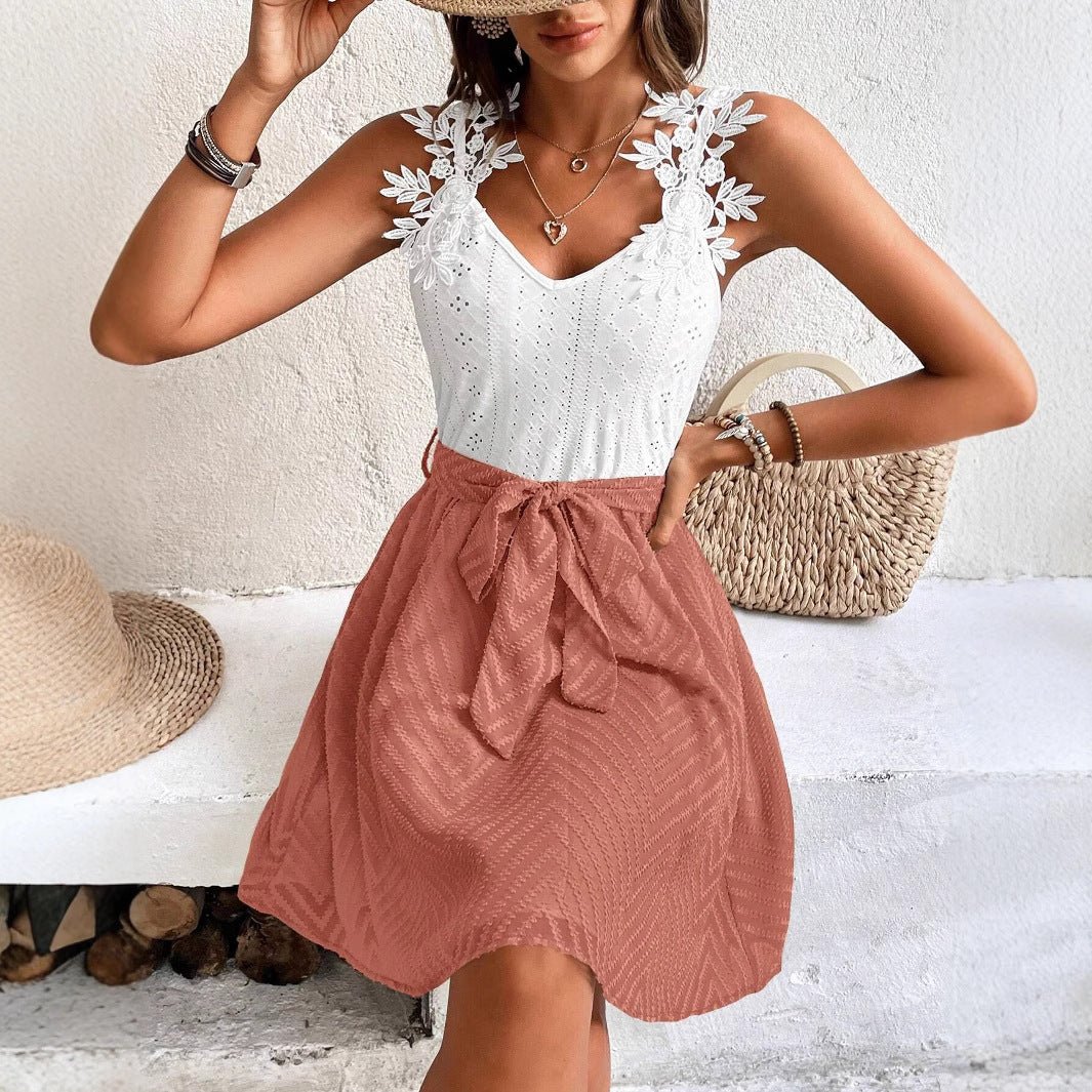 The Camel Charm | Women's V-Neck Belted Suspender Mini Dress - Image 4