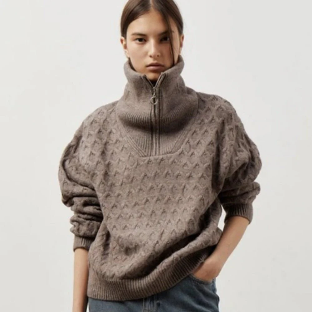The Chain Bloom | Solid Color High-Neck Chain Flower Knit Pullover Sweater - Image 3