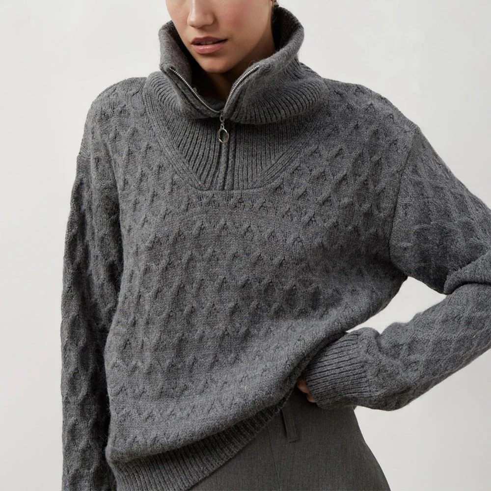 The Chain Bloom | Solid Color High-Neck Chain Flower Knit Pullover Sweater - Image 4