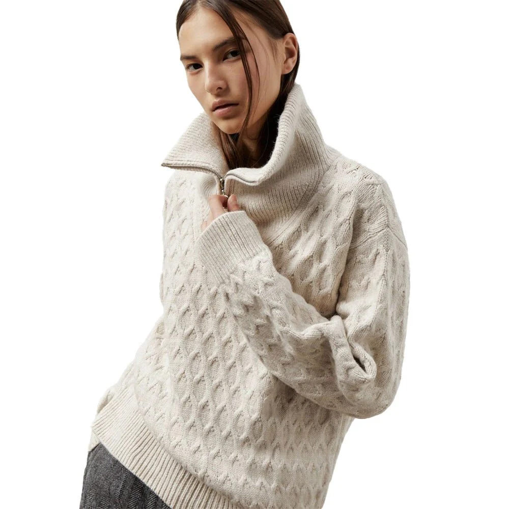 The Chain Bloom | Solid Color High-Neck Chain Flower Knit Pullover Sweater - Image 5