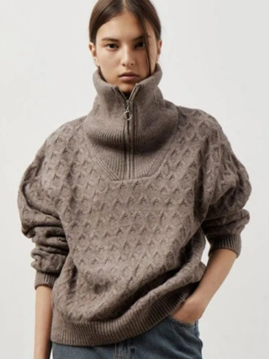 The Chain Bloom | Solid Color High-Neck Chain Flower Knit Pullover Sweater - Image 6