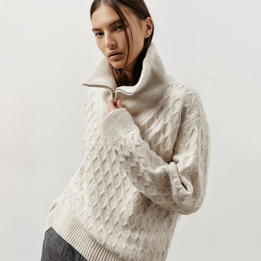 The Chain Bloom | Solid Color High-Neck Chain Flower Knit Pullover Sweater FD
