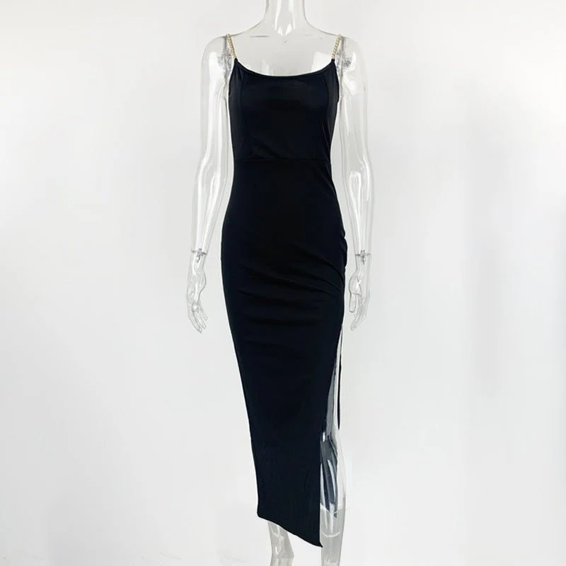 The Chain Siren | Women's One-Shoulder Chain Slit Suspender Maxi Dress - Image 13