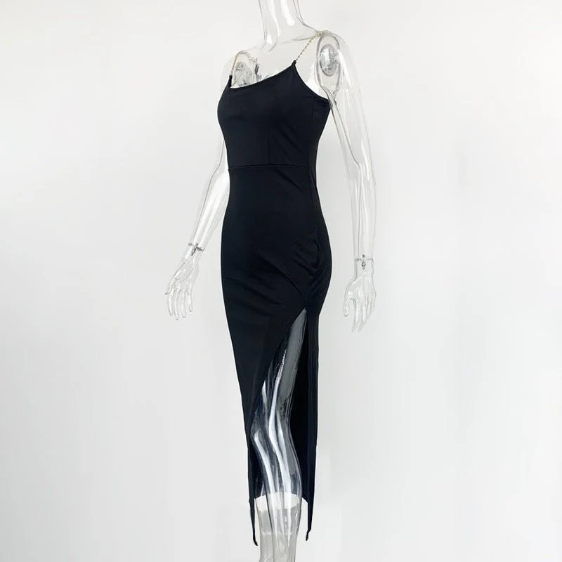 The Chain Siren | Women's One-Shoulder Chain Slit Suspender Maxi Dress - Image 14