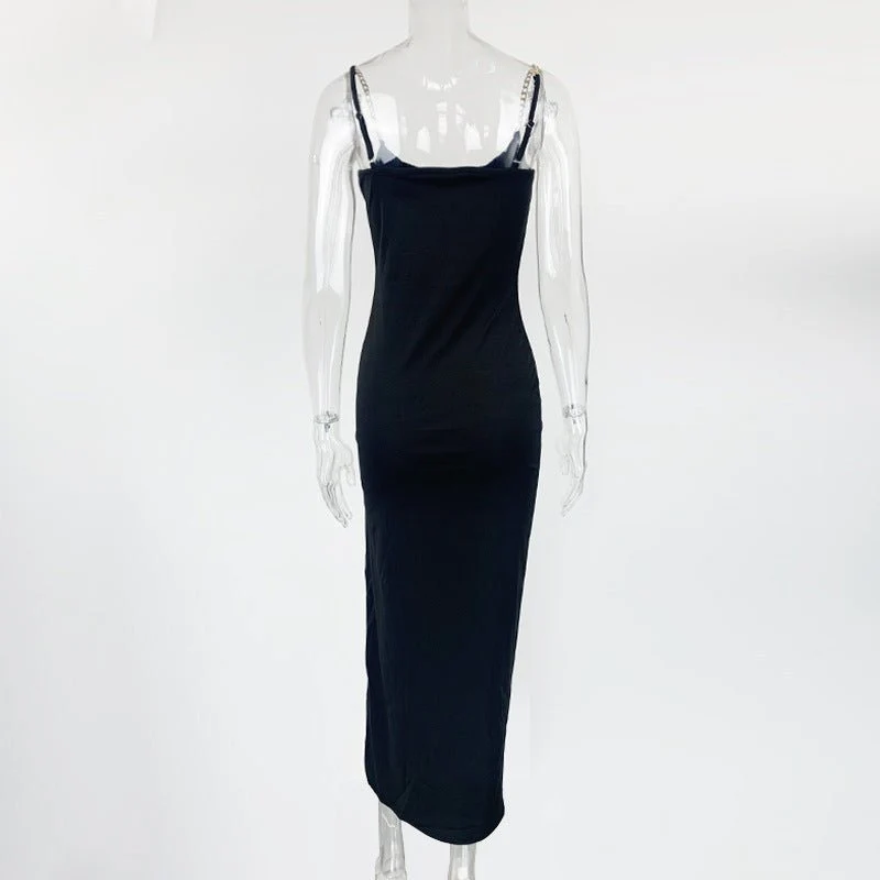 The Chain Siren | Women's One-Shoulder Chain Slit Suspender Maxi Dress - Image 15