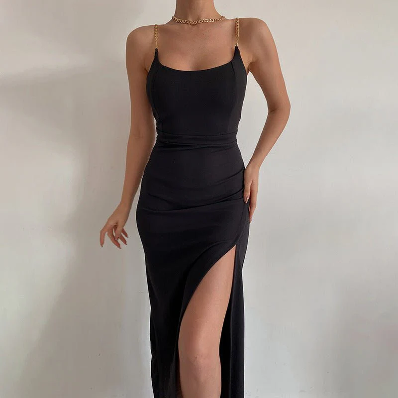 The Chain Siren | Women's One-Shoulder Chain Slit Suspender Maxi Dress - Image 7