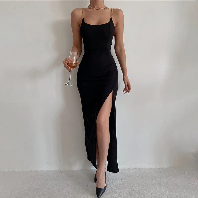 The Chain Siren | Women's One-Shoulder Chain Slit Suspender Maxi Dress - Image 9