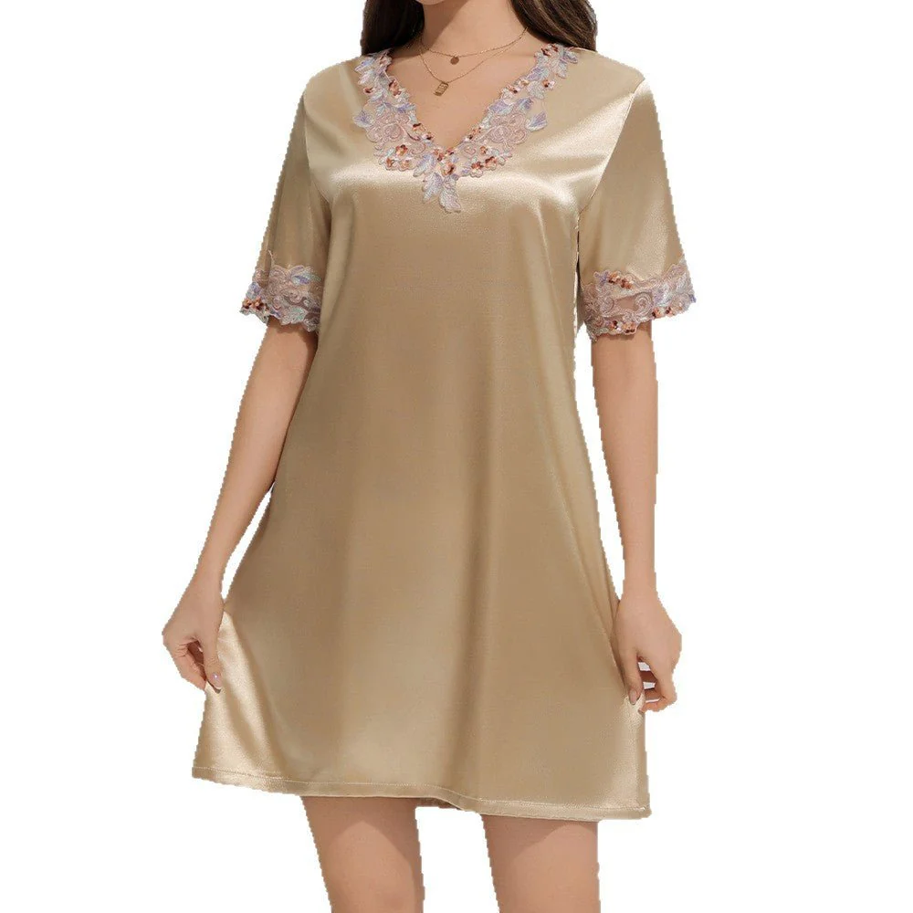 The Champagne Glow | Women's Ice Silk V-Neck Short Lace Nightdress FD - Image 5