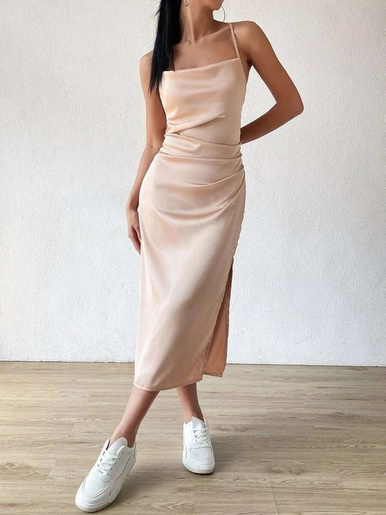 The Champagne Glow | Women's Satin Backless Suspender Midi Dress - Image 10