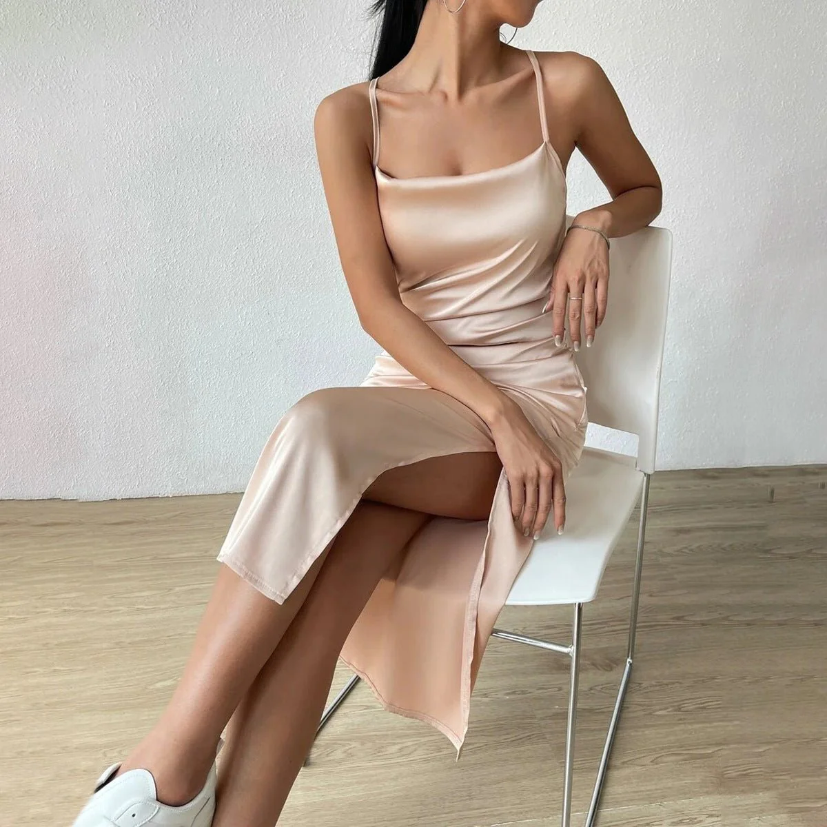 The Champagne Glow | Women's Satin Backless Suspender Midi Dress - Image 4