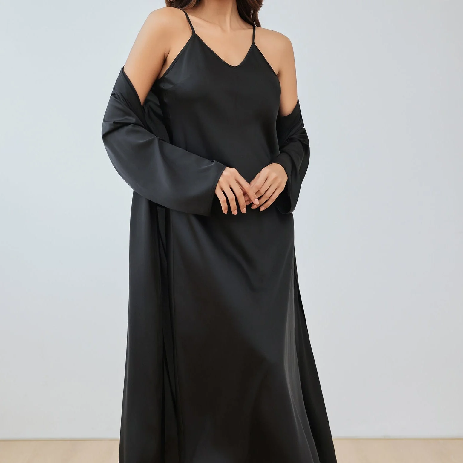 The Champagne Luxe | Women's Satin Suspender Chemise & Long Robe Two-Piece Set