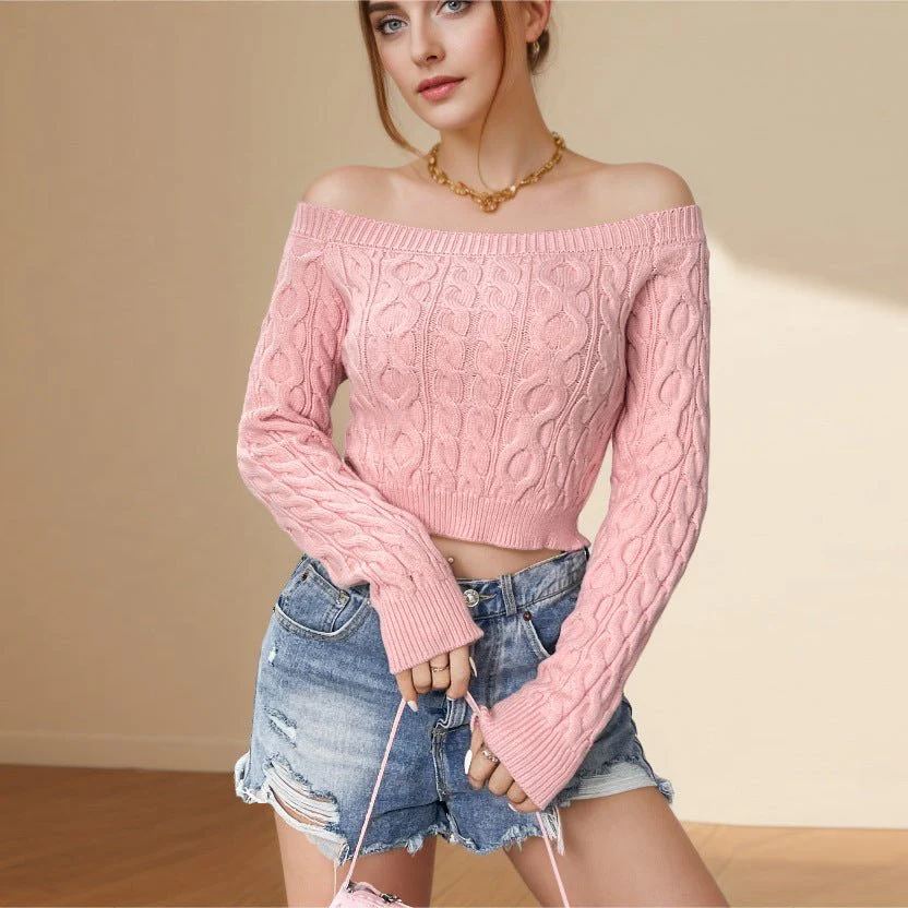 The Chic Twist | Women's Off-Shoulder Twist Knit Cropped Sweater