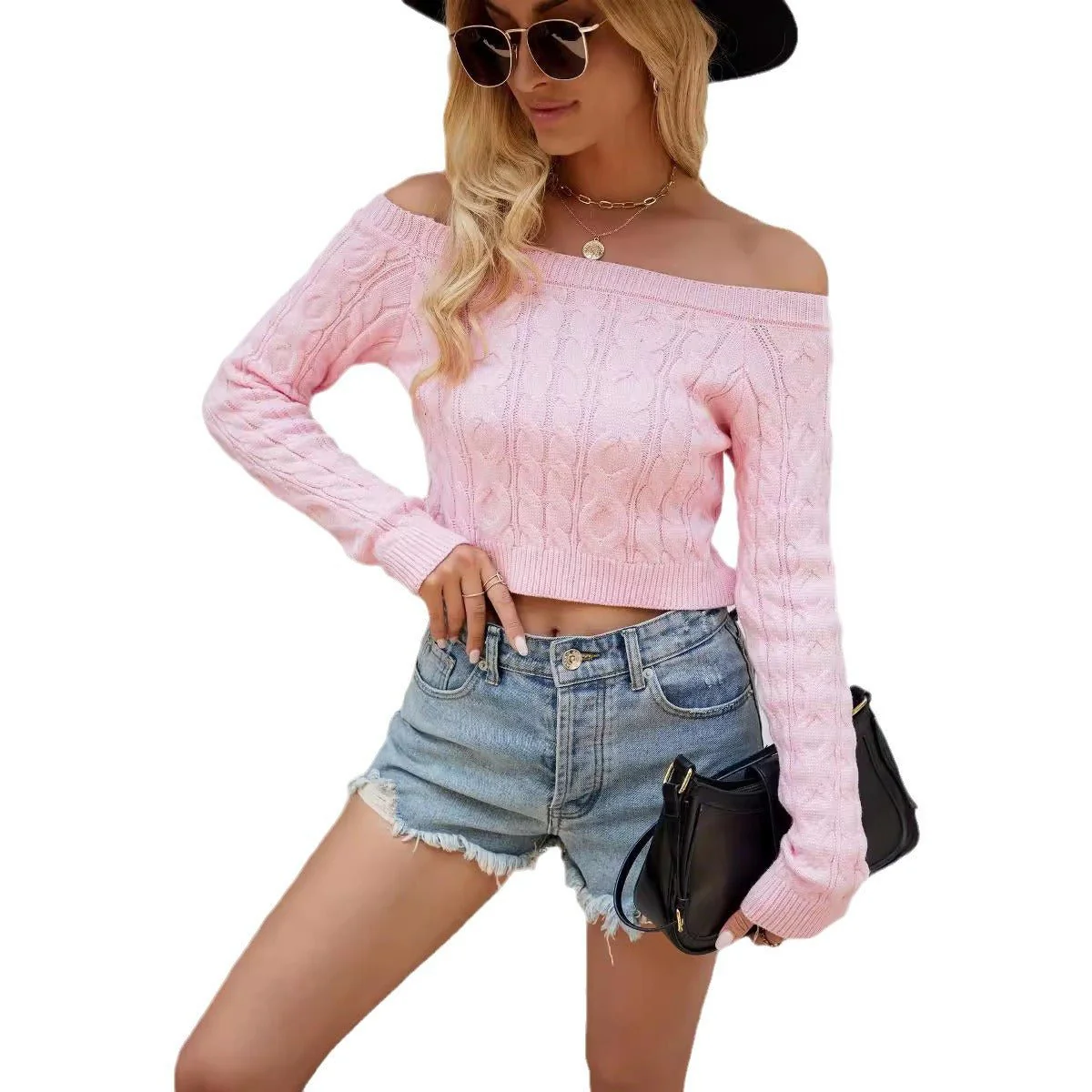 The Chic Twist | Women's Off-Shoulder Twist Knit Cropped Sweater - Image 5